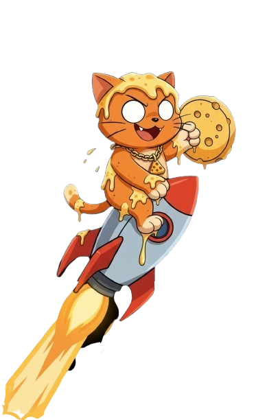 CHEESECAT mascot riding a rocket